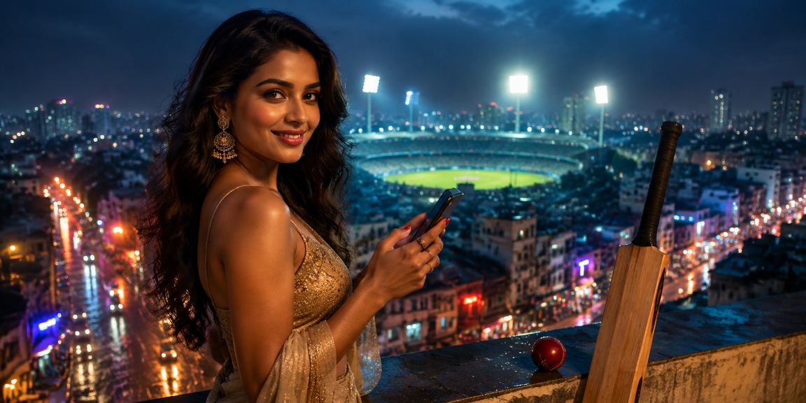 Cricket match with neon betting overlay in Mumbai